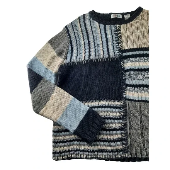 Vintage Paul Harris Women's Blue Cream Striped Mix Knit Chunky Grandpa Sweater L - Picture 2 of 9